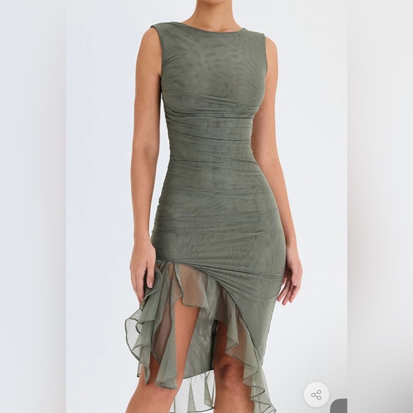 Mesh ruched zip-up long sleeve backless ruffle midi dress